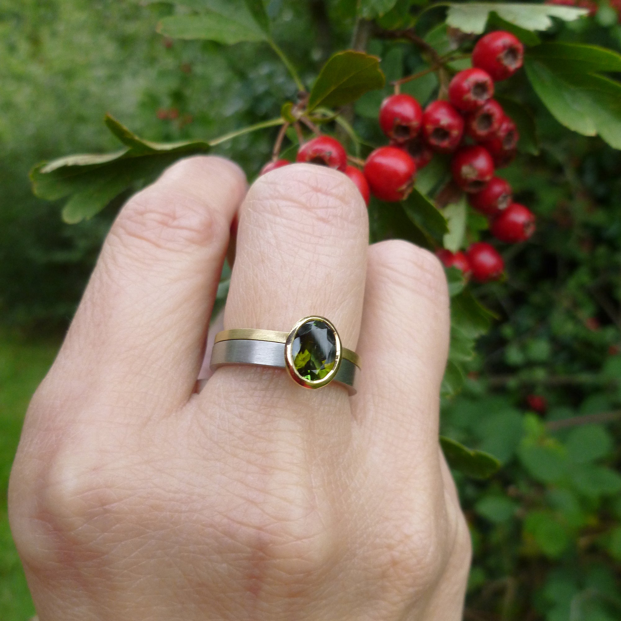 18ct white and yellow gold stacking ring with bottle green tourmaline