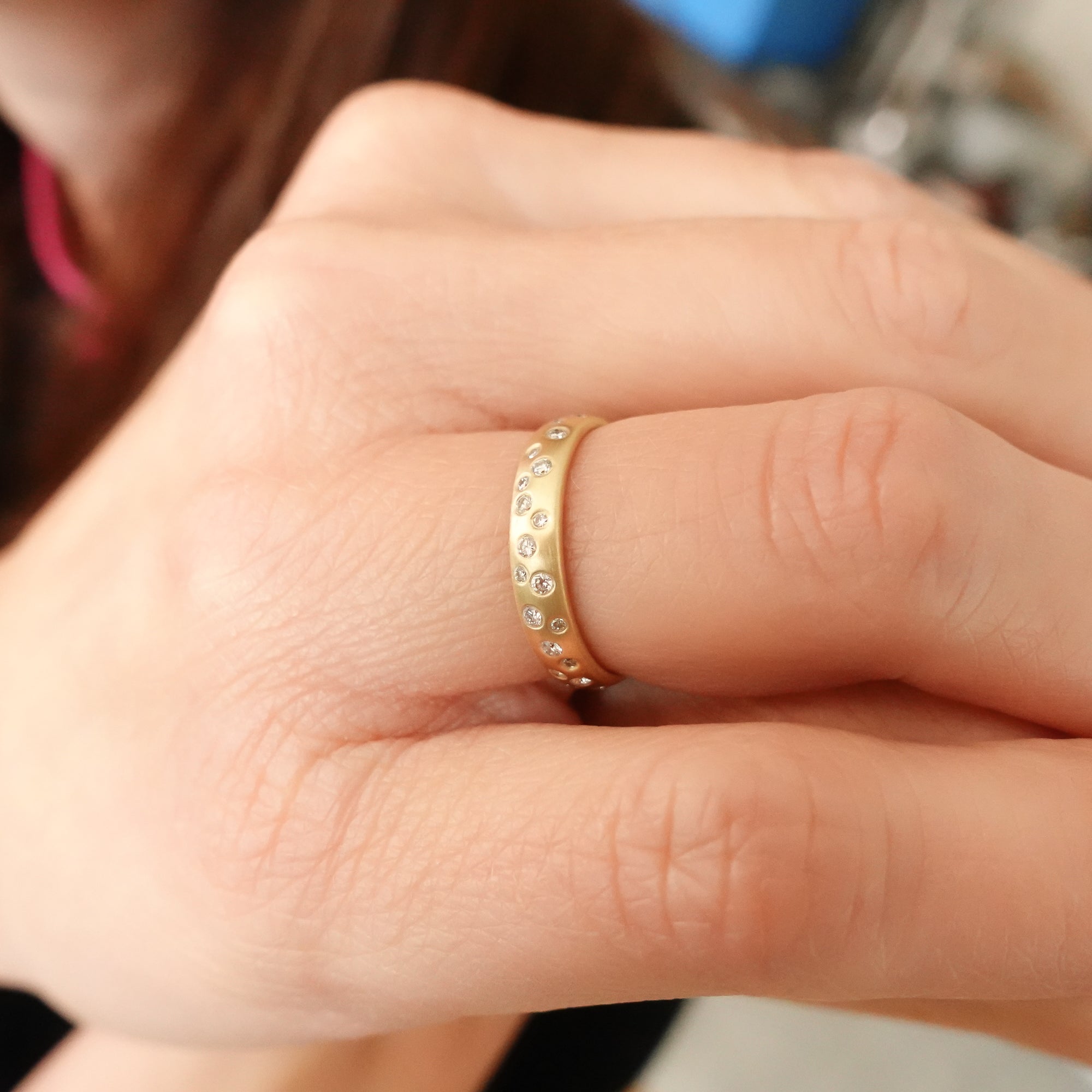 18ct yellow gold and diamond contemporary eternity or wedding band. Sue Lane