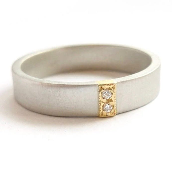 modern handmade 2 diamond wedding ring two tone in platinum and gold with a brushed or polished finish. 
