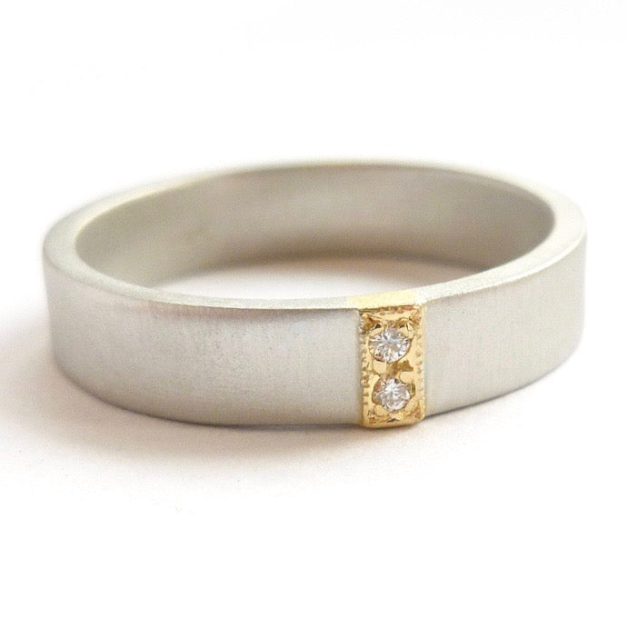 modern handmade 2 diamond wedding ring two tone in platinum and gold with a brushed or polished finish. 