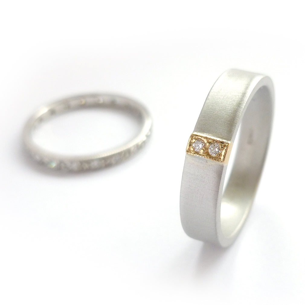 modern handmade 2 diamond wedding ring two tone in platinum and gold with a brushed or polished finish. 