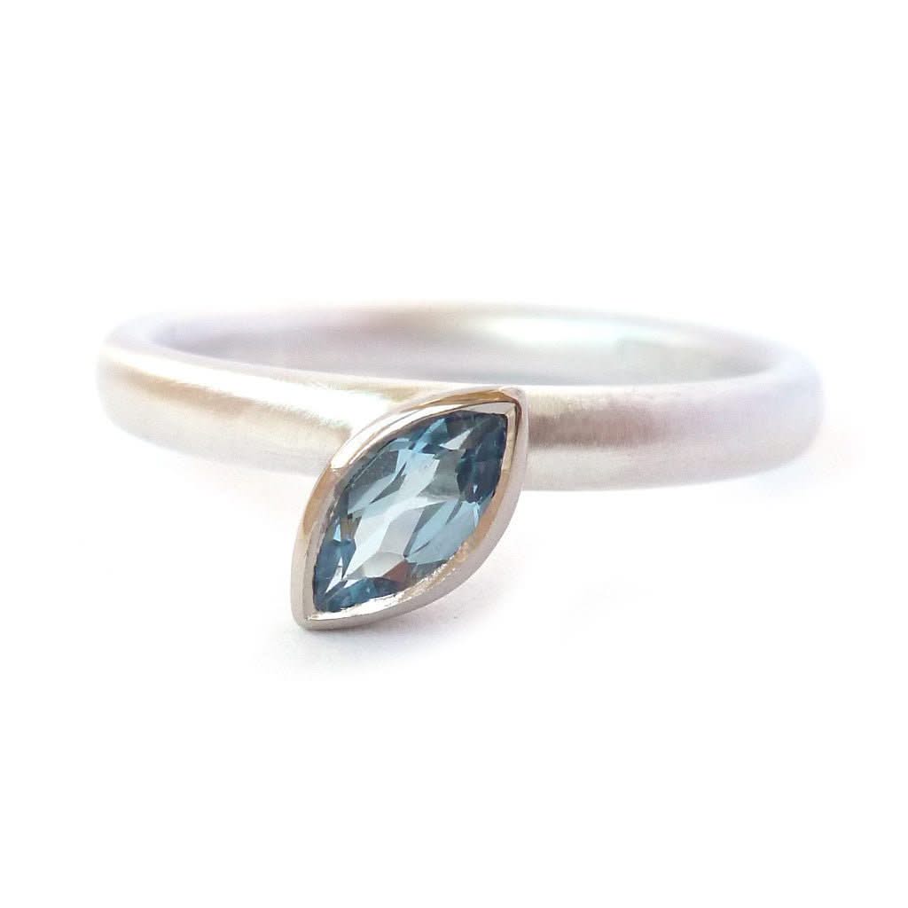 Contemporary, modern and bespoke silver, 18ct white and yellow gold marquise aquamarine handmade stacking ring by designer maker Sue Lane Jewellery UK