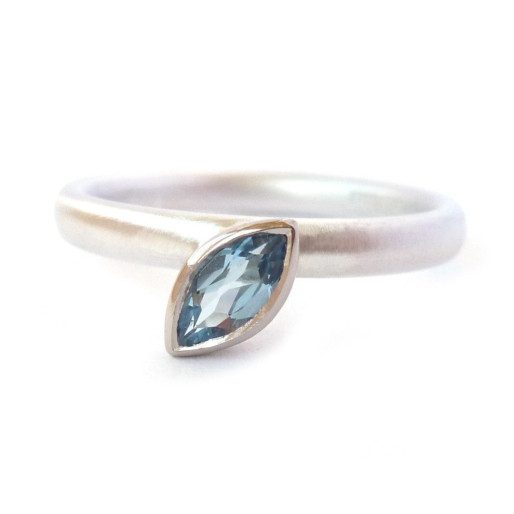 Contemporary, modern and bespoke silver, 18k white and yellow gold marquise aquamarine handmade stacking ring by designer maker Sue Lane Jewellery UK
