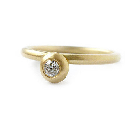 Modern, bespoke and unique 18k gold and round diamond contemporary matt brushed stacking engagement ring by designer maker Sue Lane, UK