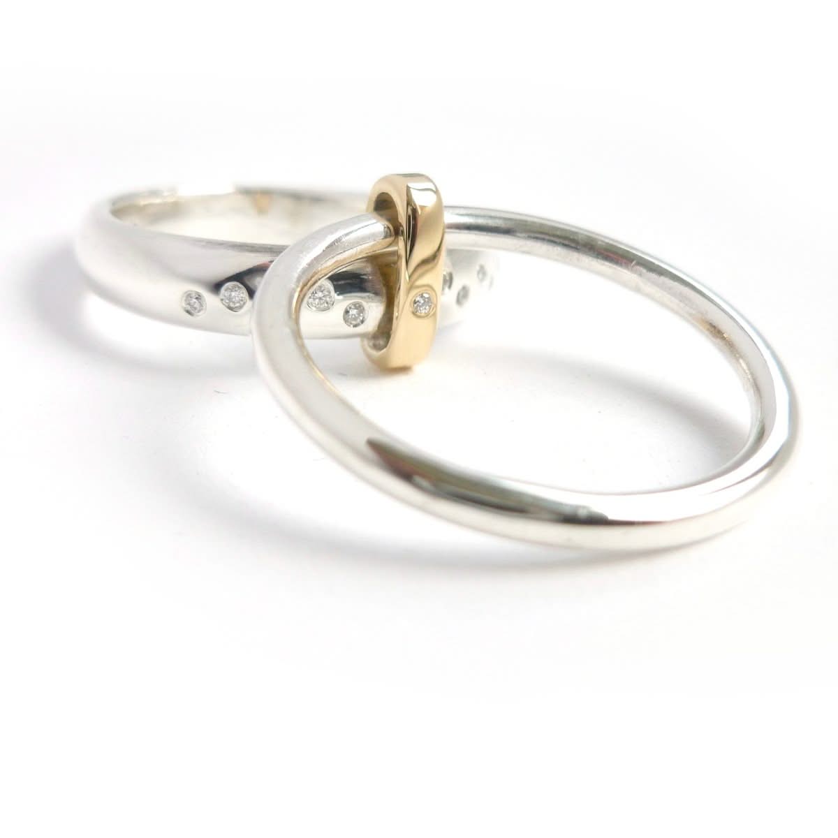 Modern unique and bespoke contemporary silver gold and diamond eternity style two band stacking ring by Sue Lane