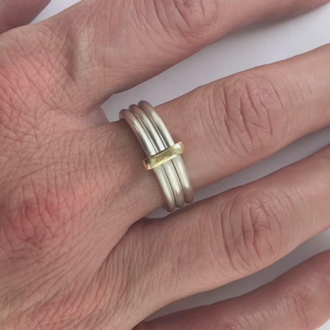 Modern unique and bespoke contemporary silver gold and diamond two band stacking ring by Sue Lane