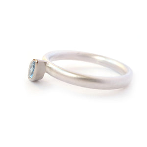 Contemporary, modern and bespoke silver, 18k white and yellow gold marquise aquamarine handmade stacking ring by designer maker Sue Lane Jewellery UK