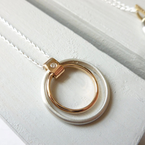 Unique Handmade Circle Silver, 18ct Gold and Diamond Necklace - Sue Lane