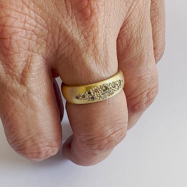 Eternity wedding everyday ring scattered champagne diamonds 18ct yellow gold contemporary and handmade