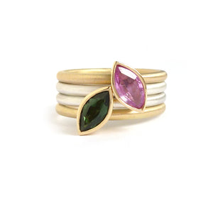 Bespoke silver and gold stacking ring. Green tourmaline and pink sapphire make a stunning ringset by designer and maker Sue Lane. Statement dress ring!