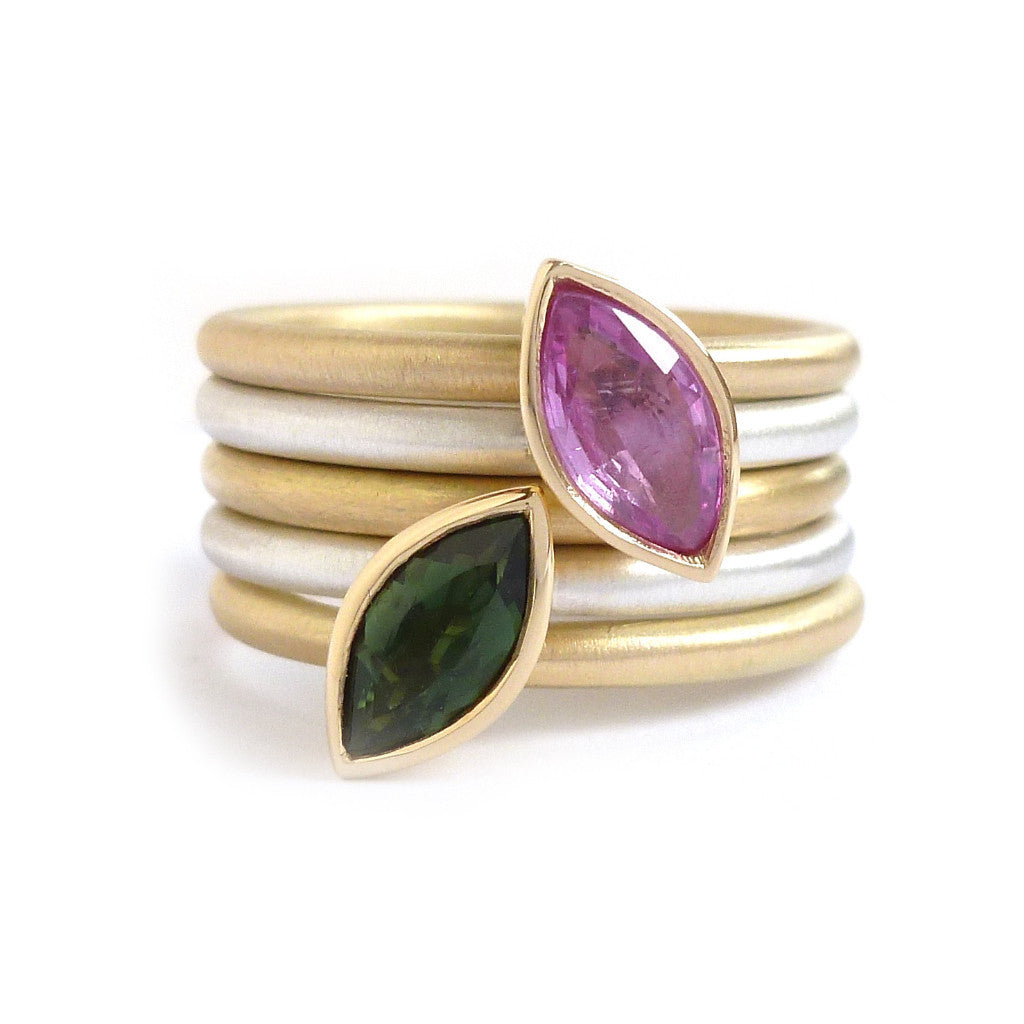 Bespoke silver and gold stacking ring. Green tourmaline and pink sapphire make a stunning ringset by designer and maker Sue Lane. Statement dress ring!