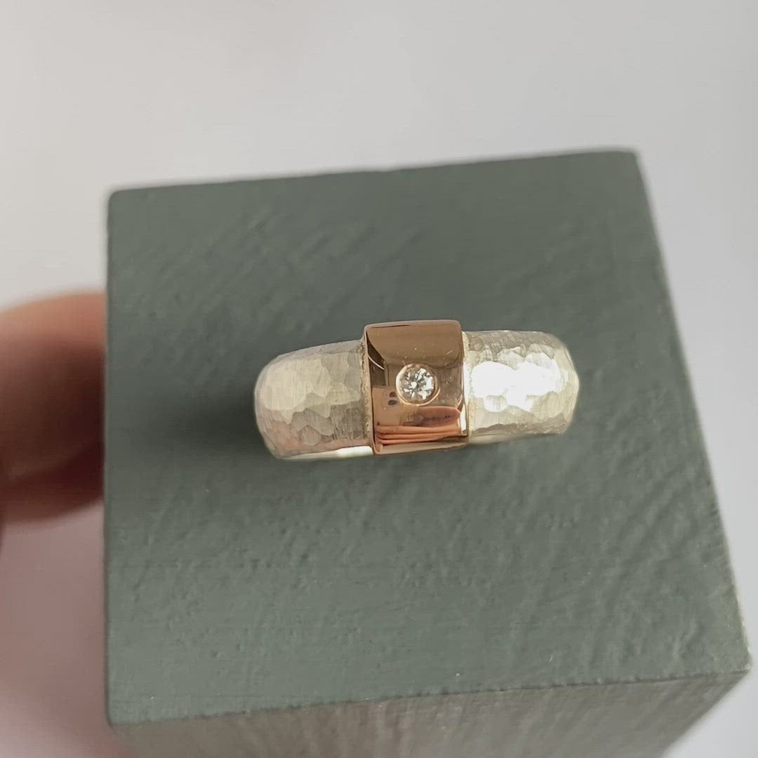 Contemporary handmade hammered silver and gold ring with diamond by Sue Lane