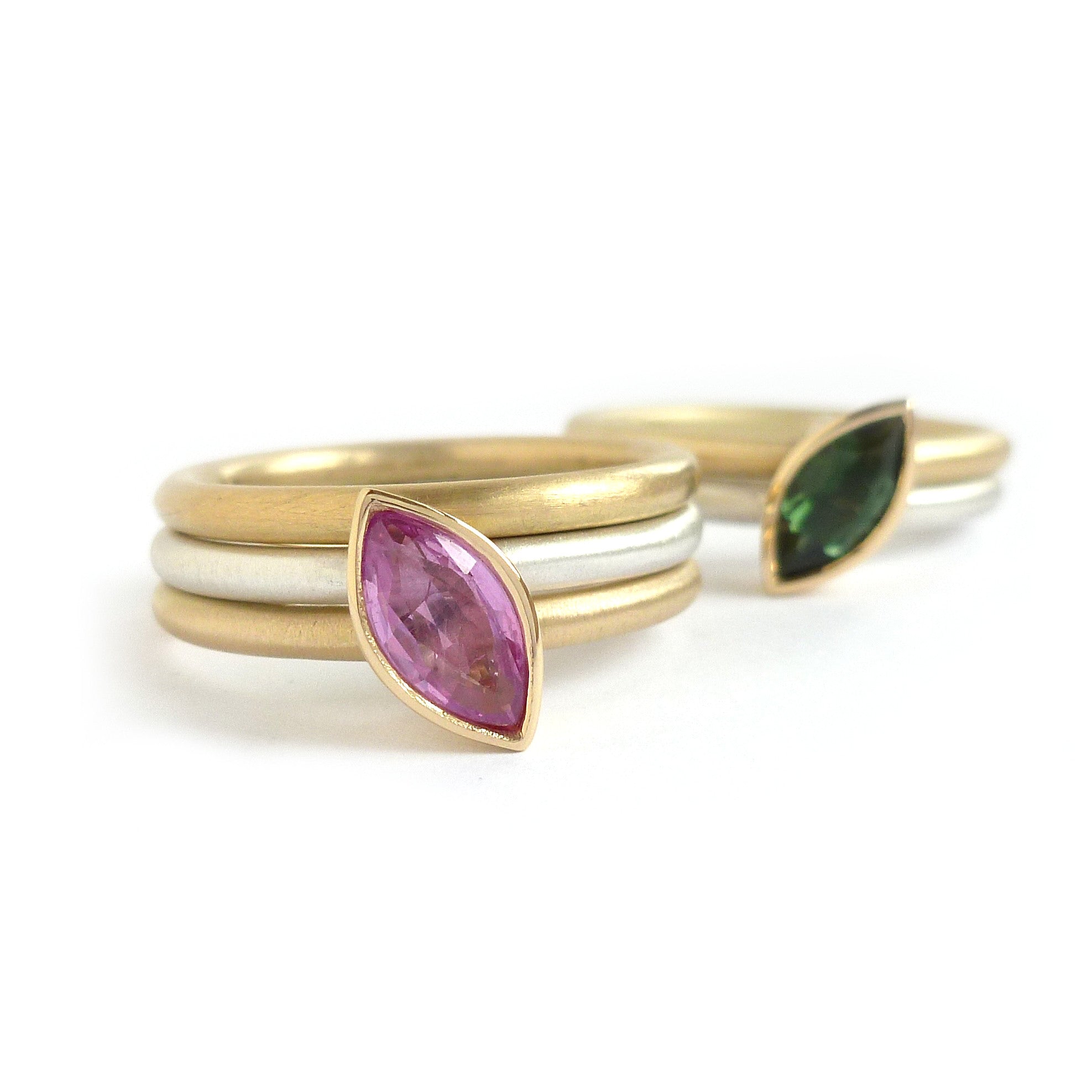 Bespoke silver and gold stacking ring. Green tourmaline and pink sapphire make a stunning ringset by designer and maker Sue Lane. Statement dress ring!