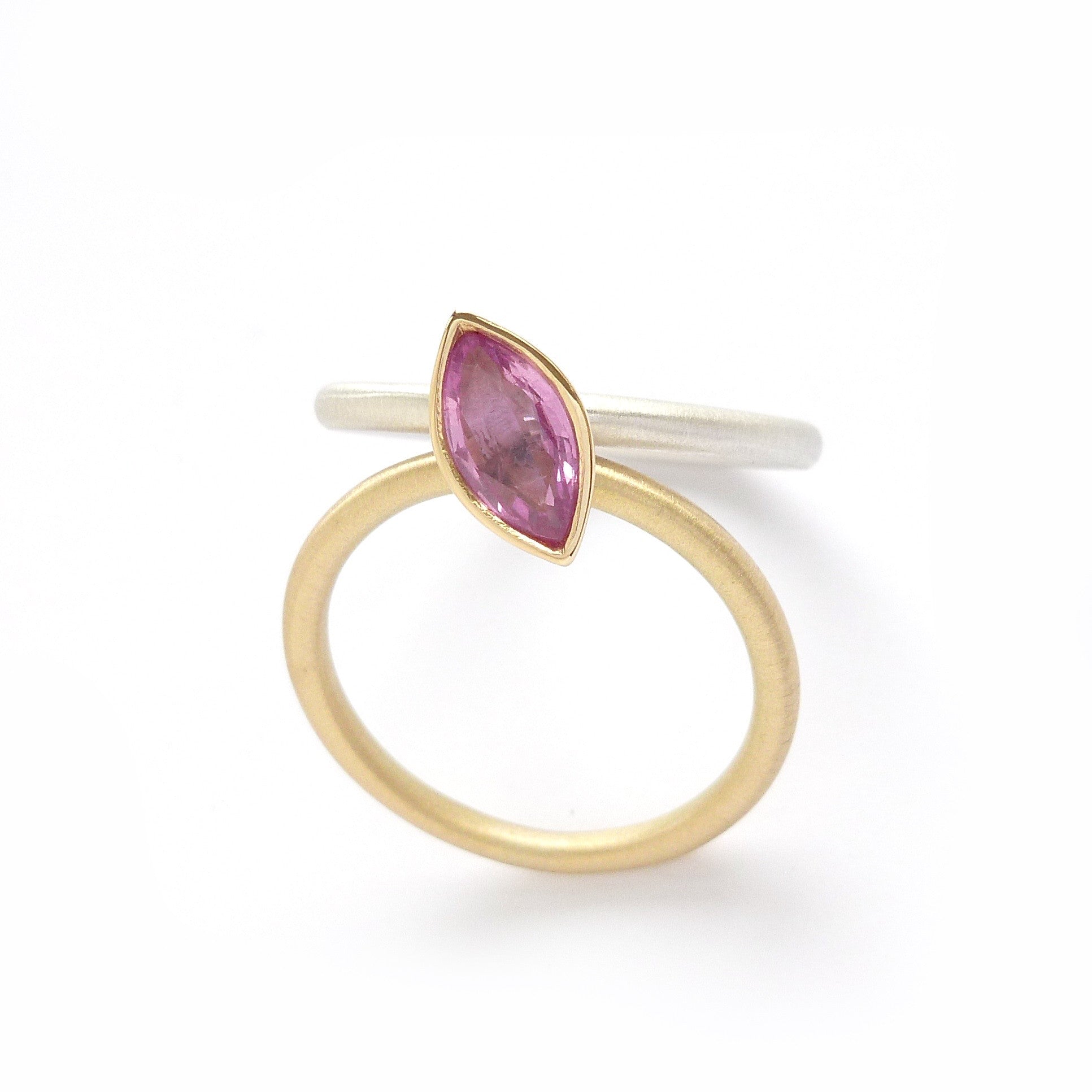 Bespoke silver and gold stacking ring. Green tourmaline and pink sapphire make a stunning ringset by designer and maker Sue Lane. Statement dress ring!