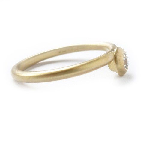 Modern, bespoke and unique 18k gold and round diamond contemporary matt brushed stacking engagement ring by designer maker Sue Lane, UK