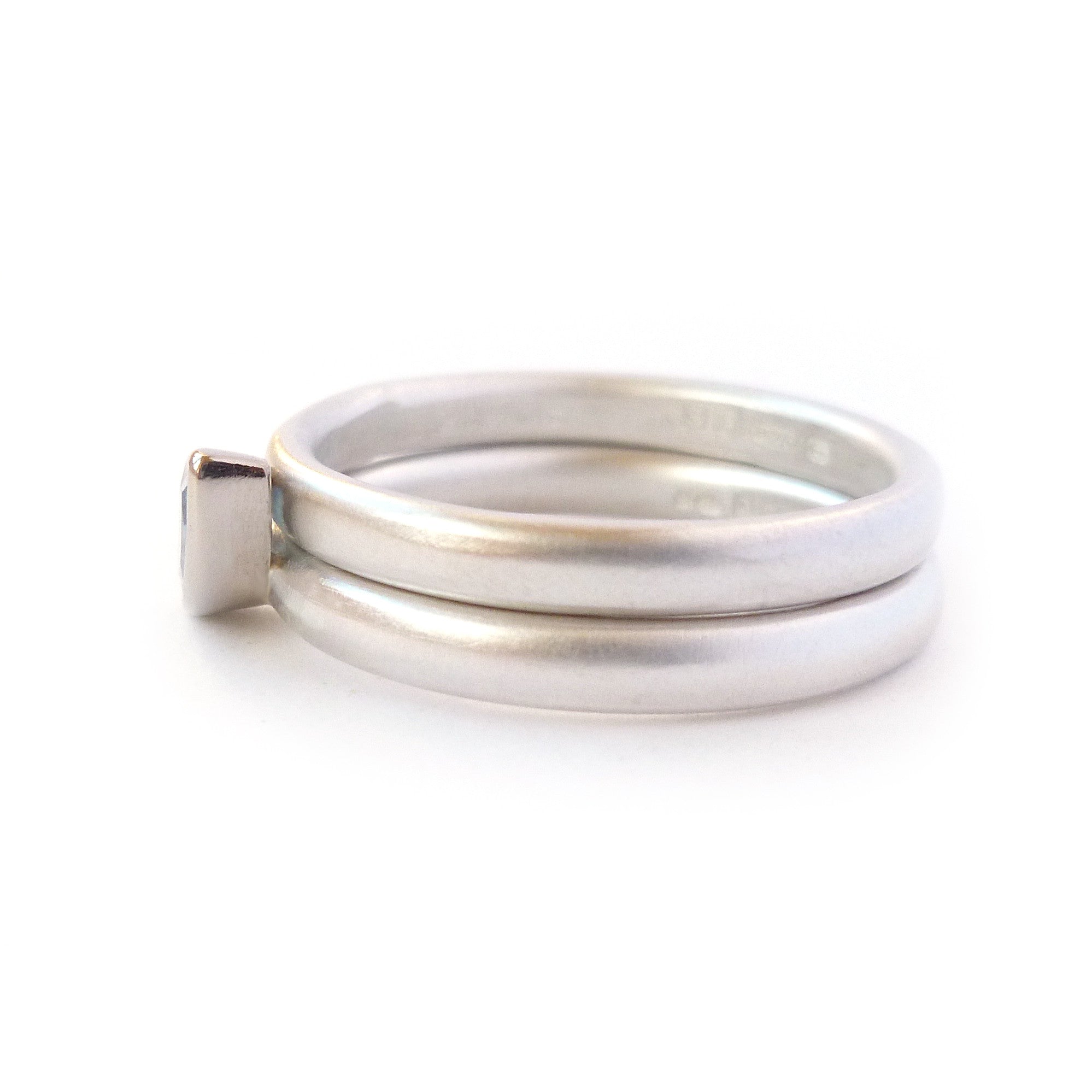 Contemporary, modern and bespoke silver, 18k white and yellow gold marquise aquamarine handmade stacking ring by designer maker Sue Lane Jewellery UK