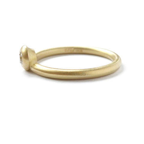 Modern, bespoke and unique 18k gold and round diamond contemporary matt brushed stacking engagement ring by designer maker Sue Lane, UK