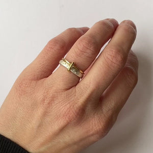 Contemporary modern unique 18ct gold silver diamond two band ring by Sue Lane