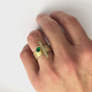 One off contemporary ring with lovely emerald and pave set diamonds. Totally bespoke and unique.