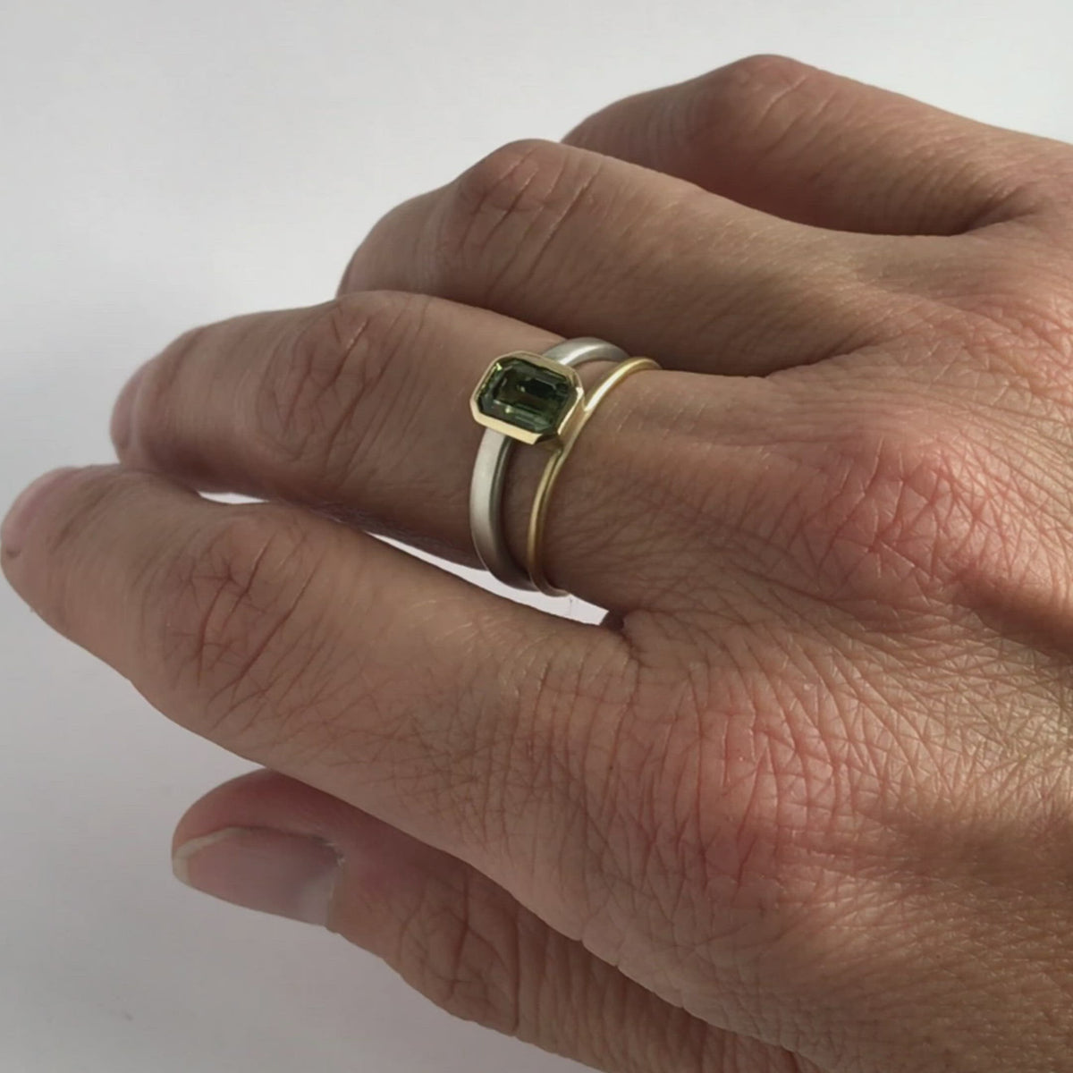 Octagonal-green-sapphire-two-tone-dress-ring-silver-gold-contemporary