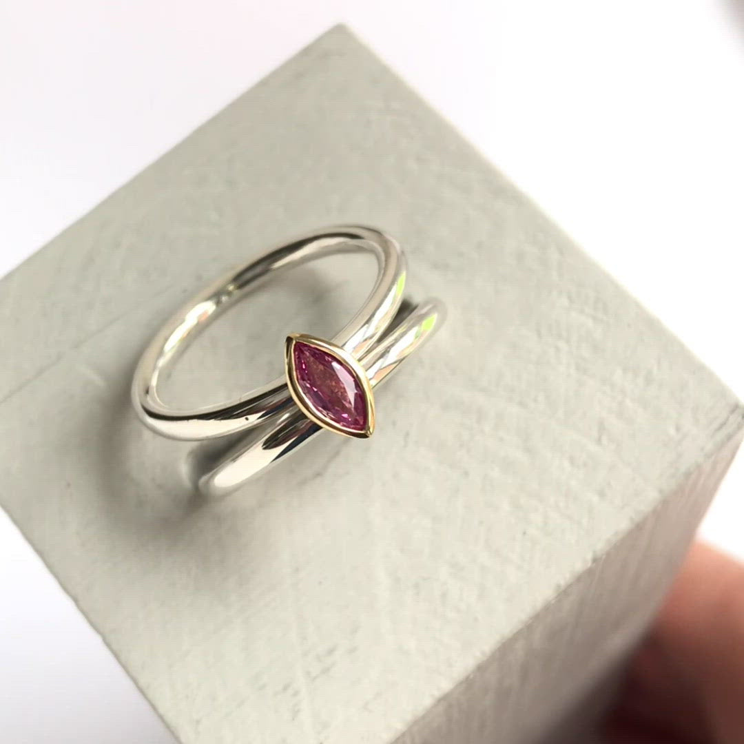 Unique contemporary bespoke handmade silver 18ct gold pink sapphire by Sue Lane designer jewellery