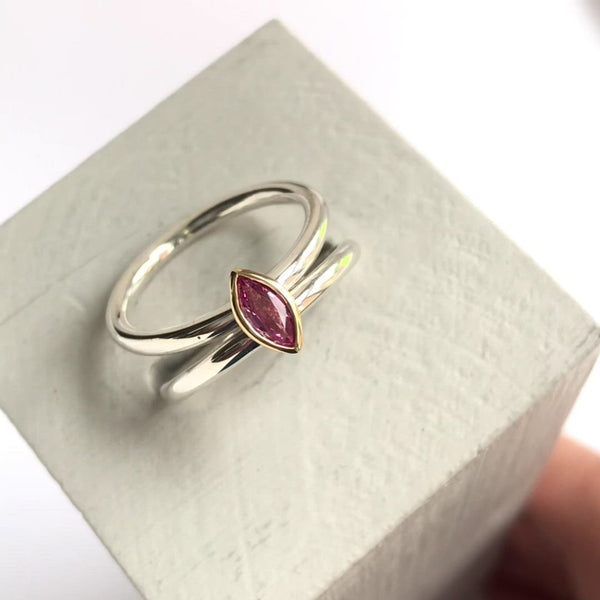 Unique contemporary bespoke handmade silver 18ct gold pink sapphire by Sue Lane designer jewellery