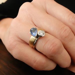Contemporary, modern and bespoke silver, blue sapphire and diamond handmade stacking ring, by jewellery designer Sue Lane.
