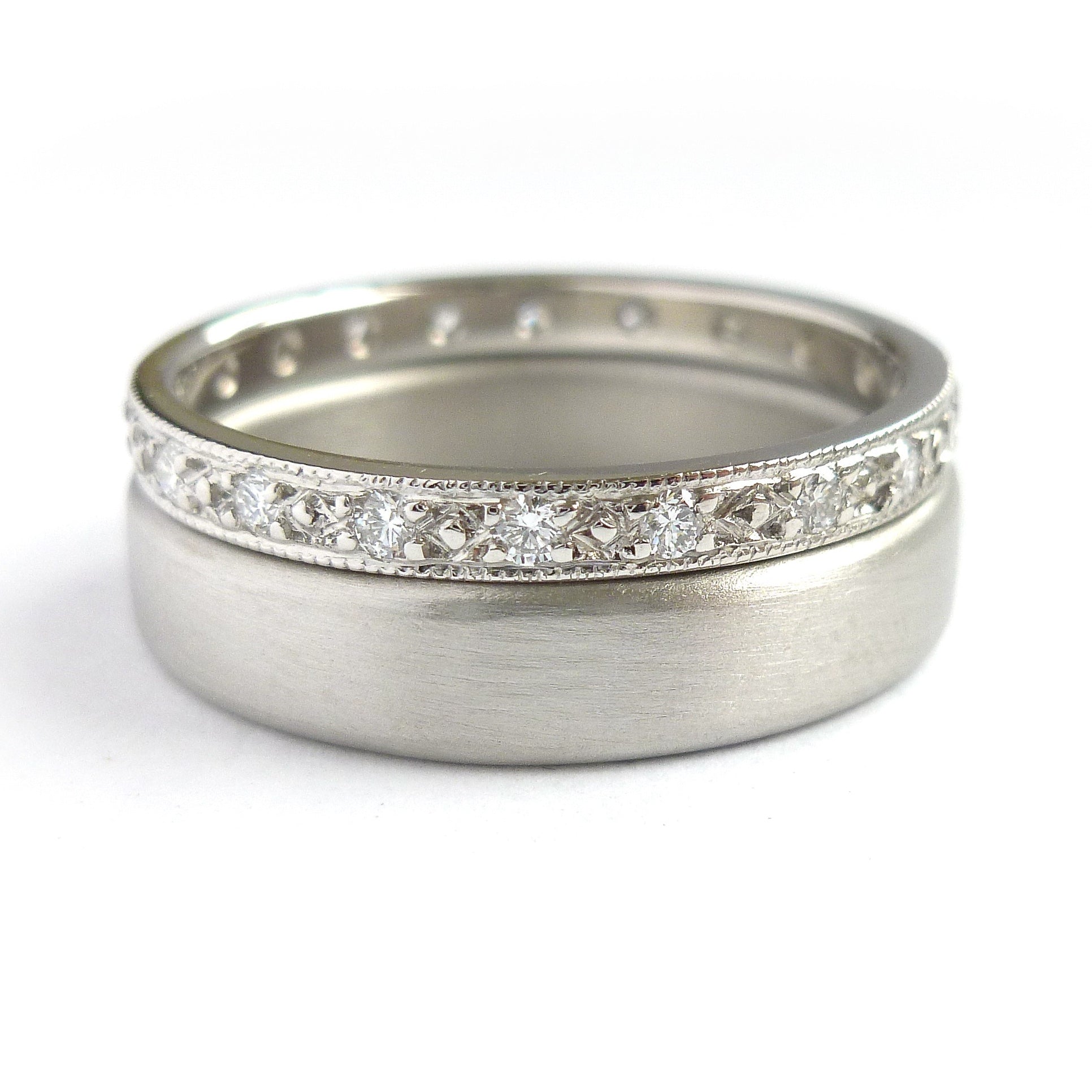 A beautiful classic platinum and diamond wedding or eternity ring handmade by Sue 