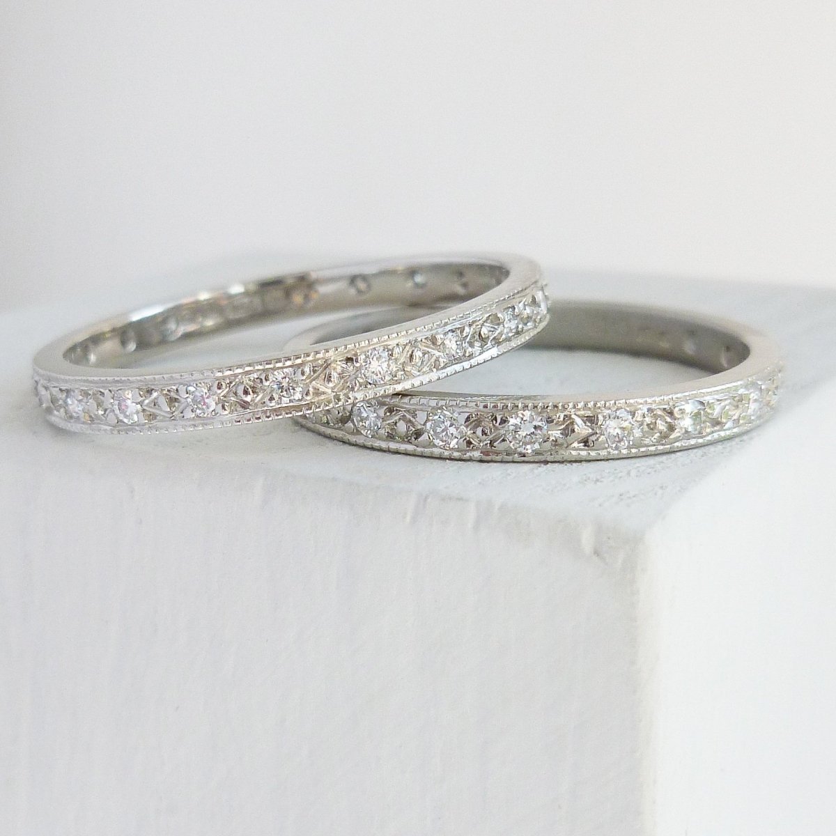 A beautiful classic platinum and diamond wedding or eternity ring handmade by Sue 