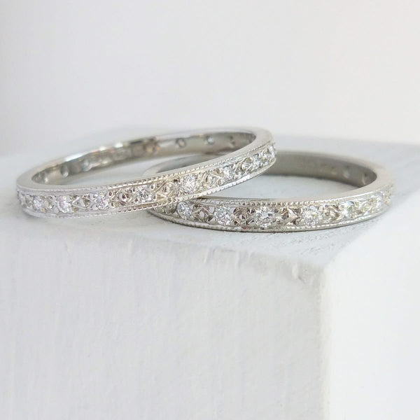 A beautiful classic platinum and diamond wedding or eternity ring handmade by Sue 