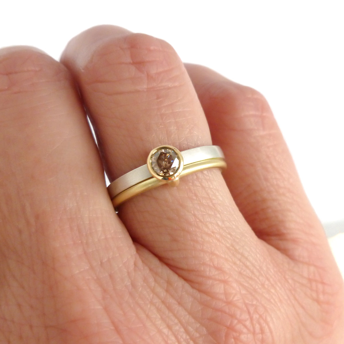 Unusual, unique, bespoke and modern two band silver, gold and brown diamond ring with a brushed finish. Handmade by Sue Lane Contemporary Jewellery, UK