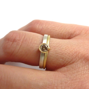 Unusual, unique, bespoke and modern two band silver, gold and brown diamond ring with a brushed finish. Handmade by Sue Lane Contemporary Jewellery, UK