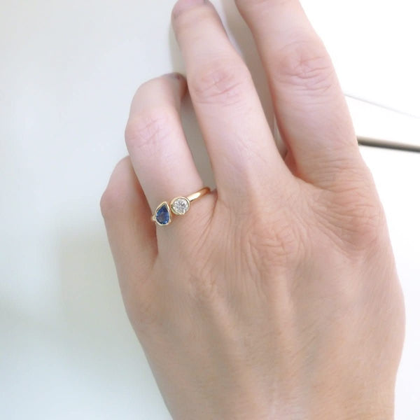 Bespoke pear shape blue sapphire and diamond ring by Sue Lane
