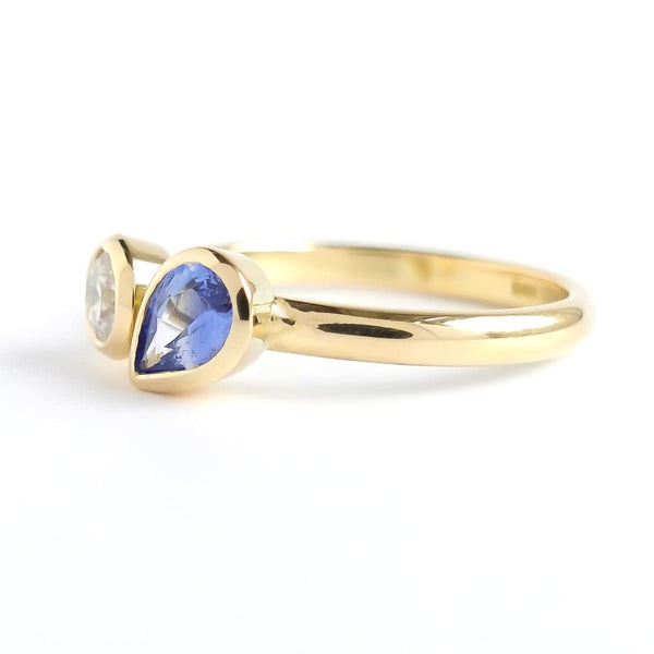 Bespoke pear shape blue sapphire and diamond ring by Sue Lane