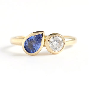 Bespoke pear shape blue sapphire and diamond ring by Sue Lane