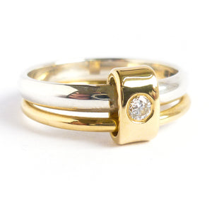 Contemporary ring. Two band, silver, gold, diamond. Unique & bespoke.