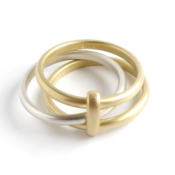 Contemporary 18ct gold and silver three 3 band wedding ring - unique and bespoke.