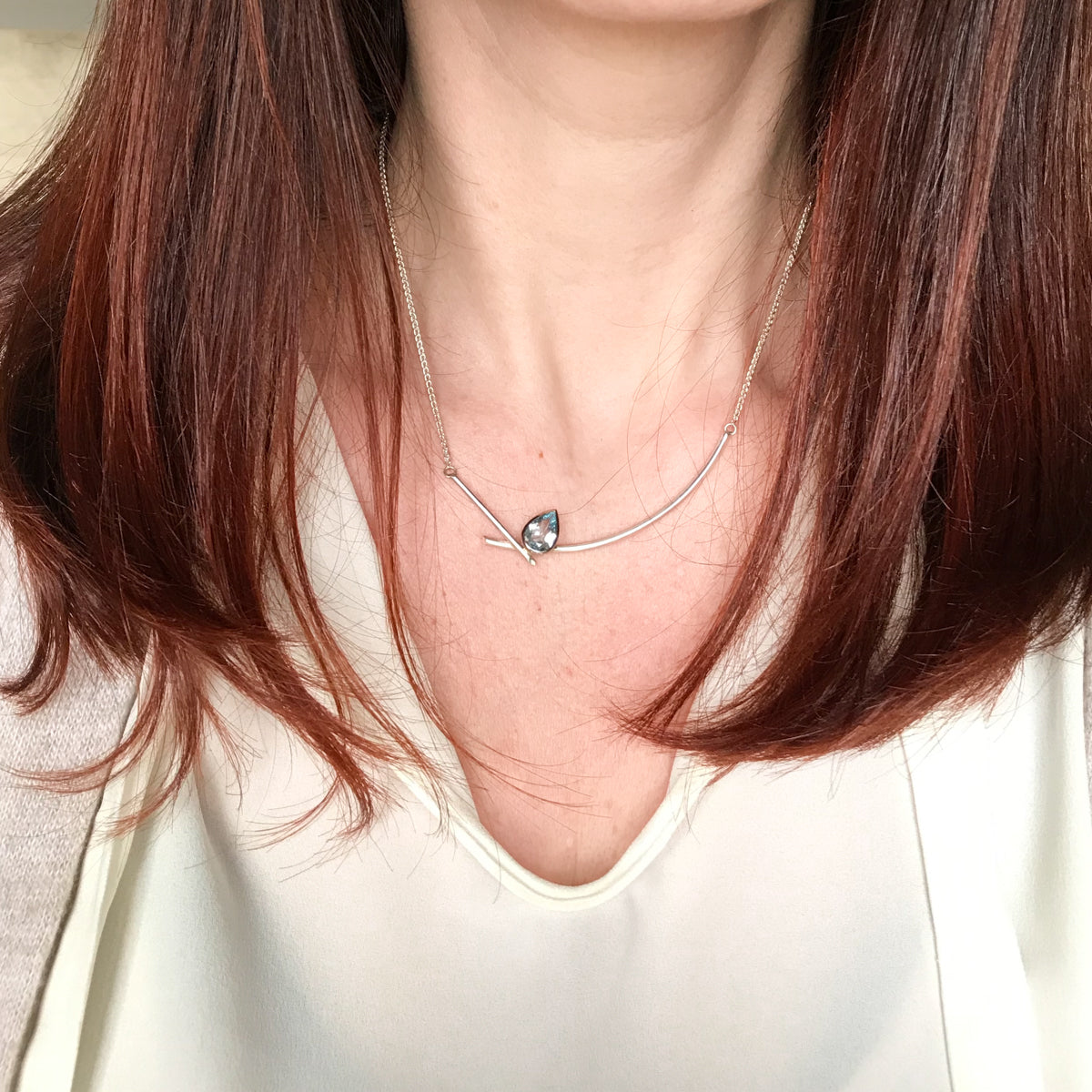 Contemporary jewellery - modern & bespoke silver 18ct white gold and aquamarine contemporary necklace handmade in UK