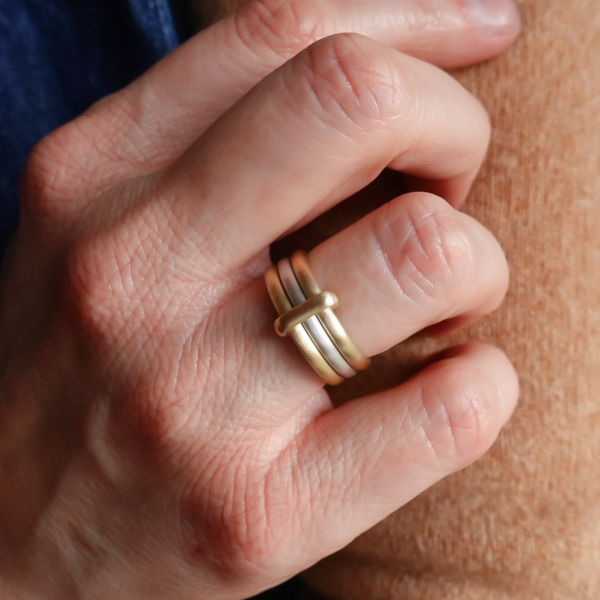 Contemporary 18ct gold and silver three 3 band wedding ring unique and bespoke Sue Lane