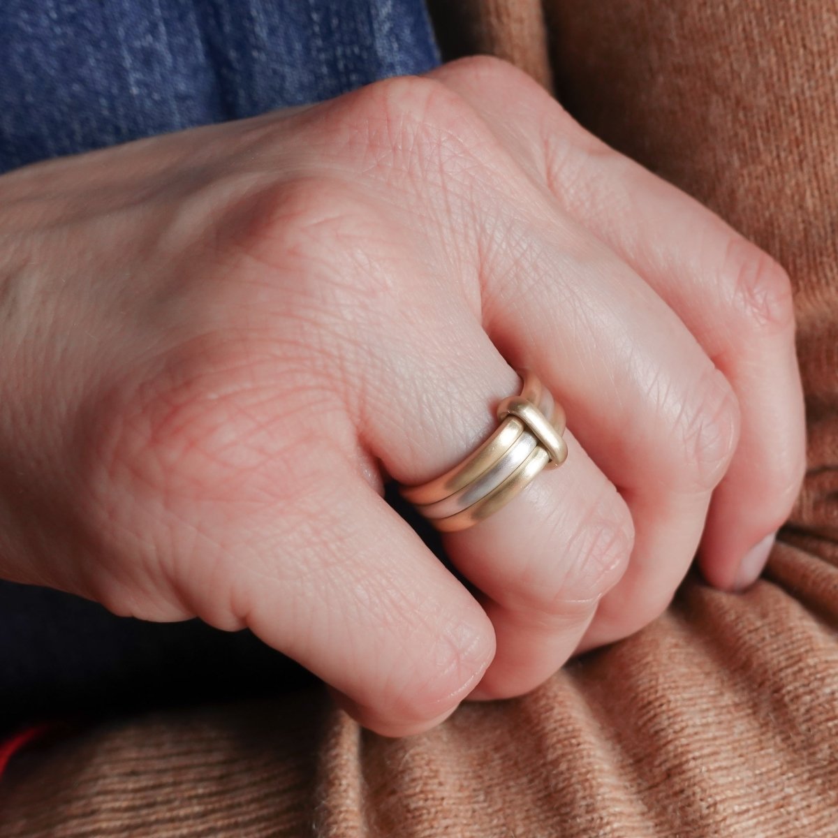 Contemporary 18ct gold and silver three 3 band wedding ring unique and bespoke Sue Lane
