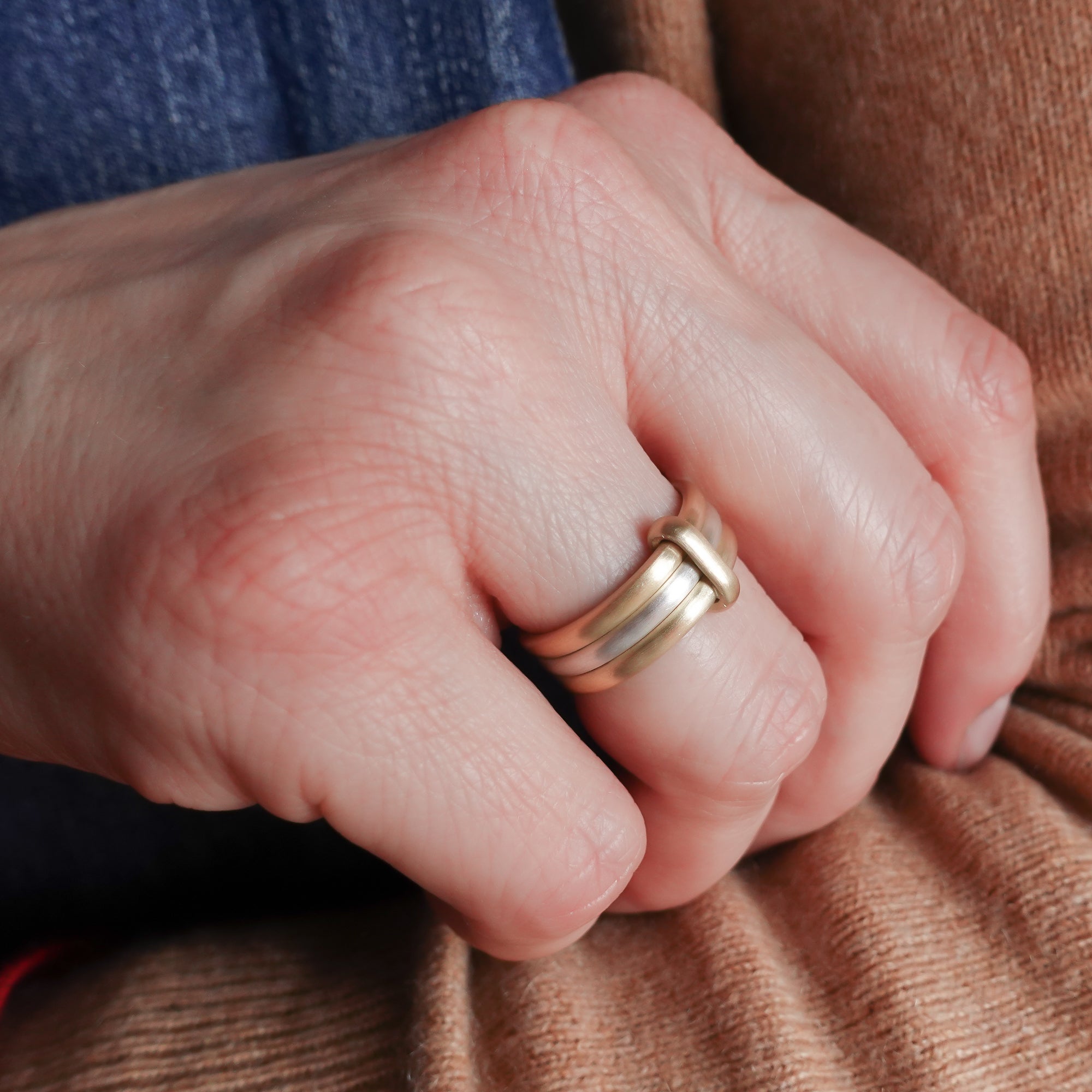 Contemporary 18ct gold and silver three 3 band wedding ring unique and bespoke Sue Lane