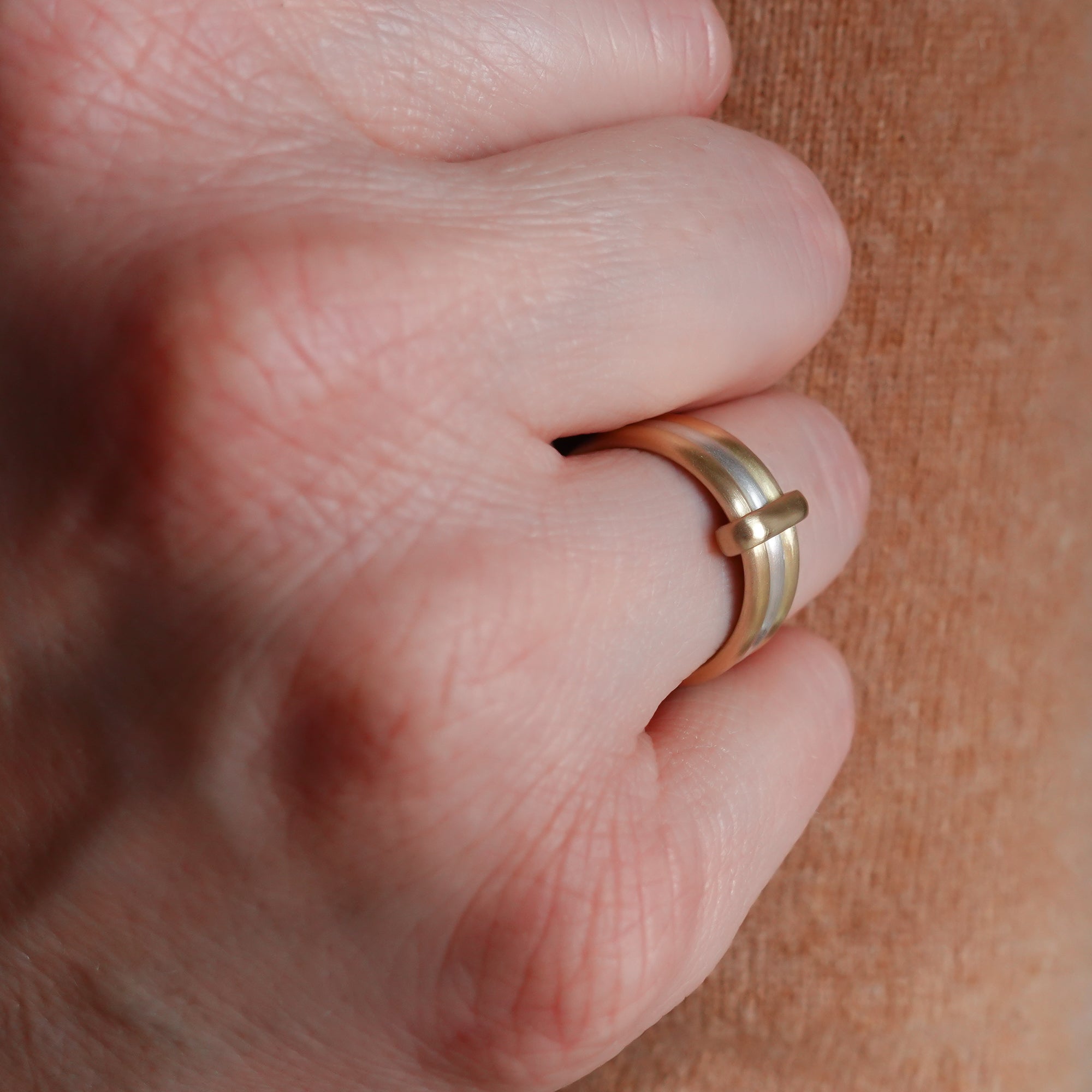 Contemporary 18ct gold and silver three 3 band wedding ring unique and bespoke Sue Lane