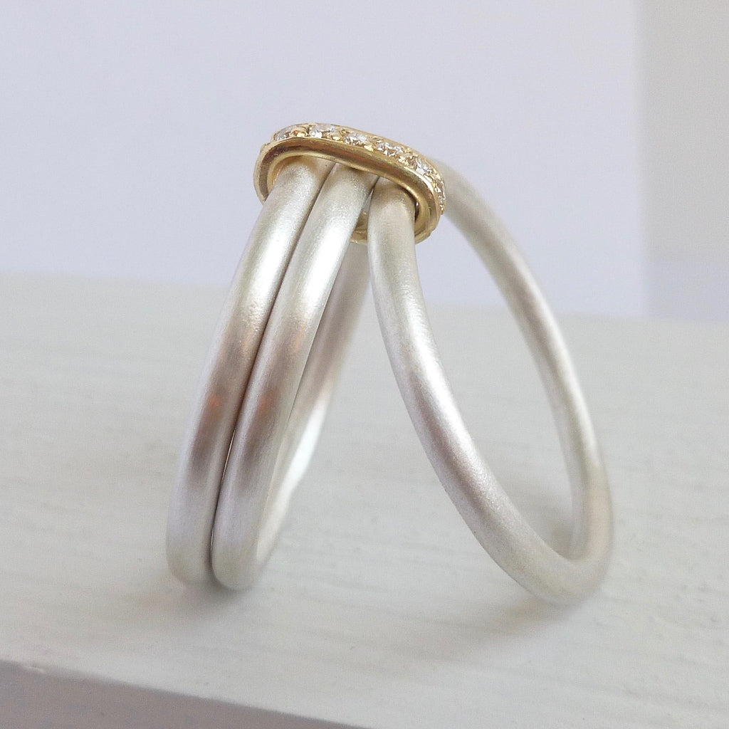 Contemporary bespoke handmade commissioned unique silver gold diamond ring 