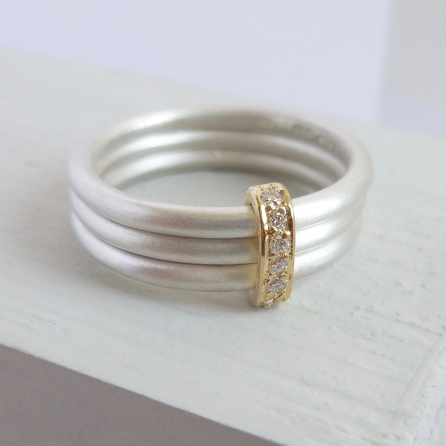Silver, 18ct gold ring with 7 diamonds. Modern, unique, bespoke. - Sue Lane
