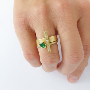 One off contemporary ring with lovely emerald and pave set diamonds. Totally bespoke and unique.