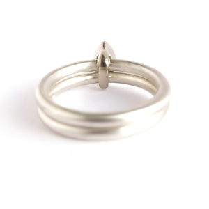 Contemporary unique and modern two band silver and gold marquise diamond stacking ring handmade Sue Lane jewellery. Perfect wedding and engagement ring.