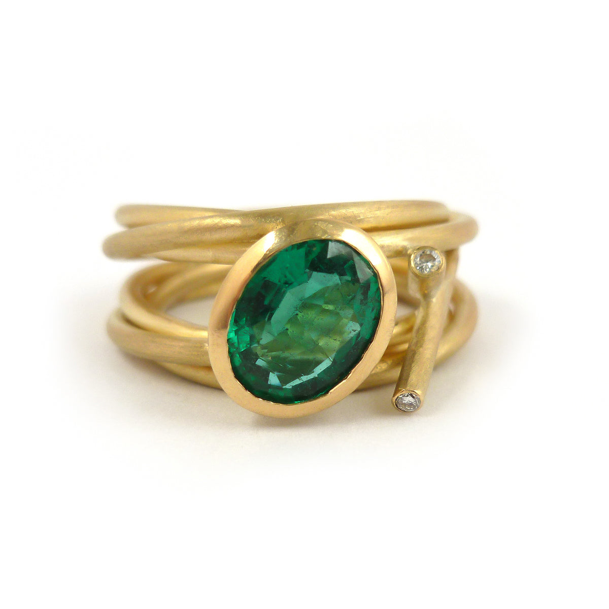 Contemporary modern unique 18ct gold diamond emerald ring contemporary Sue Lane