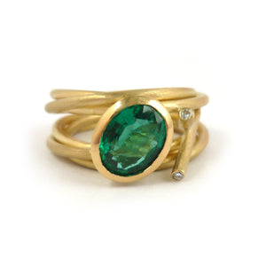 Contemporary modern unique 18ct gold diamond emerald ring contemporary Sue Lane