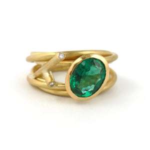 Contemporary modern unique 18ct gold diamond emerald ring contemporary Sue Lane