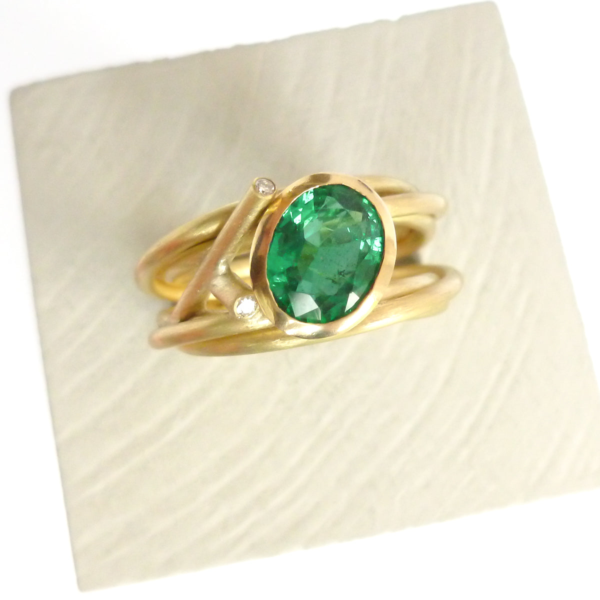 Contemporary modern unique 18ct gold diamond emerald ring contemporary Sue Lane